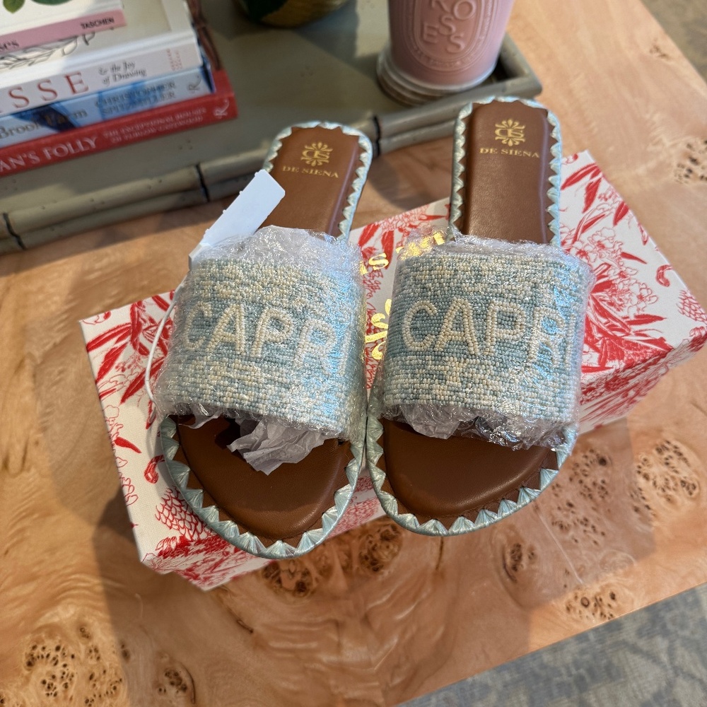 NEW IN BOX NIB De Siena Sky Light Blue Beaded Capri Slide Sandal, Size 41